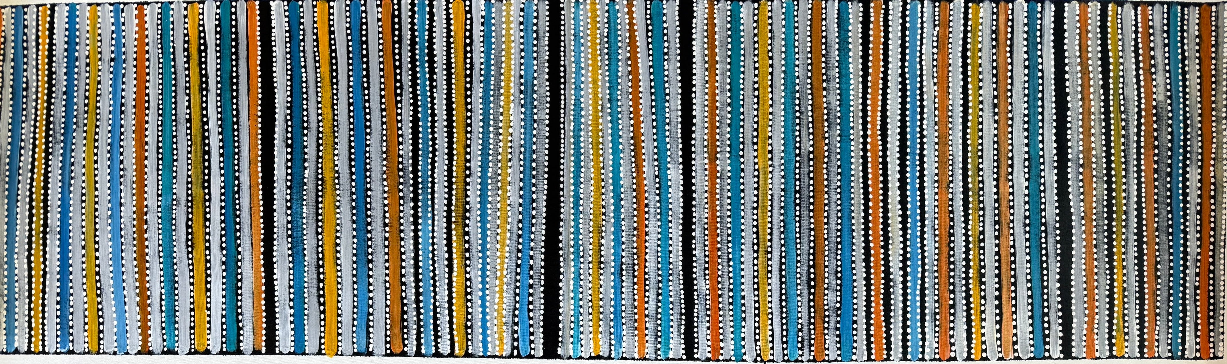 Aboriginal Art by Lanita Numina, depicting Bush Yams in multicoloured brush strokes, alternating with white dots and the black background of the canvas