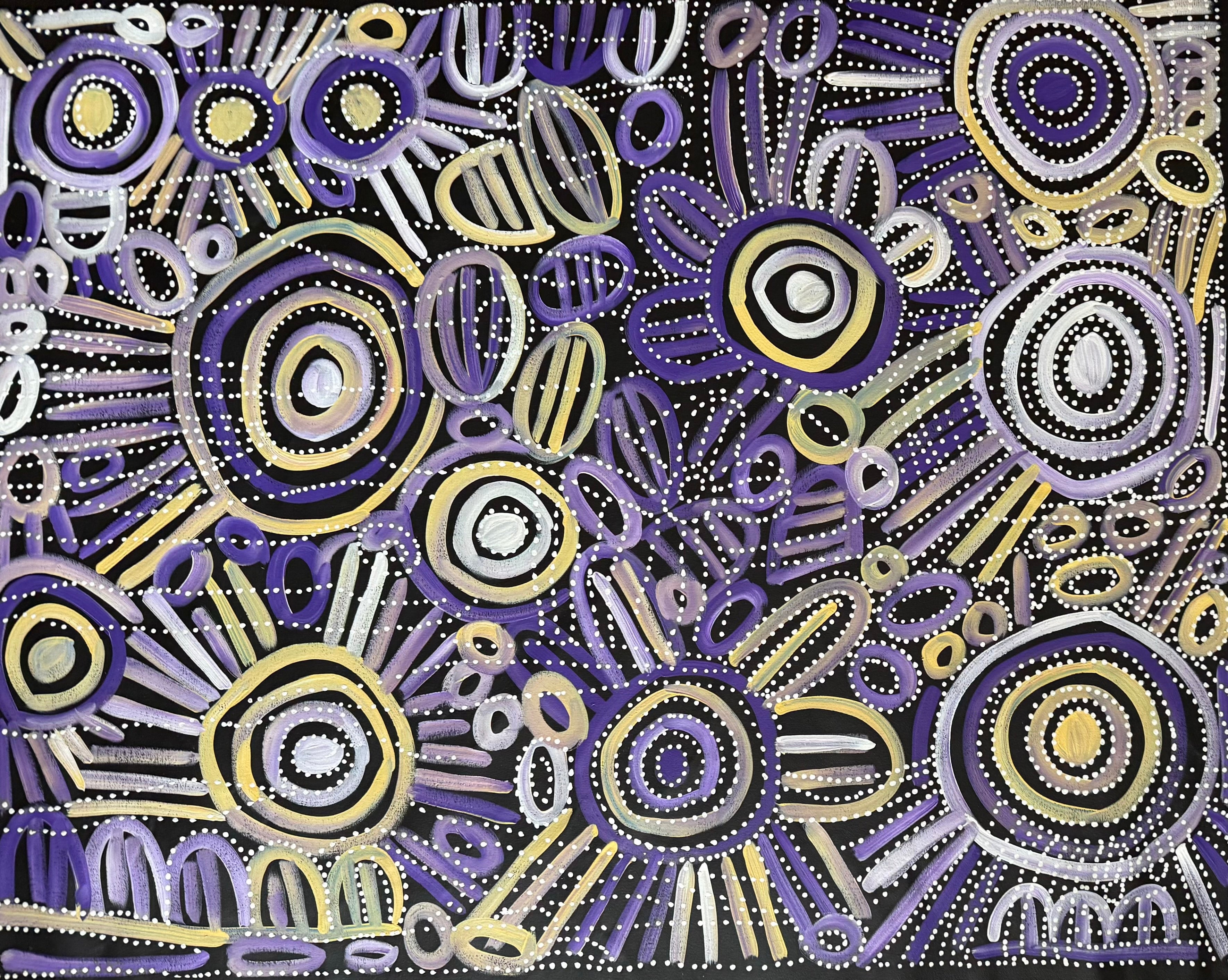 Abstract pattern with circles and dots in purple, yellow, and white on a black background | Raintree Art Aboriginal Art Ballarat