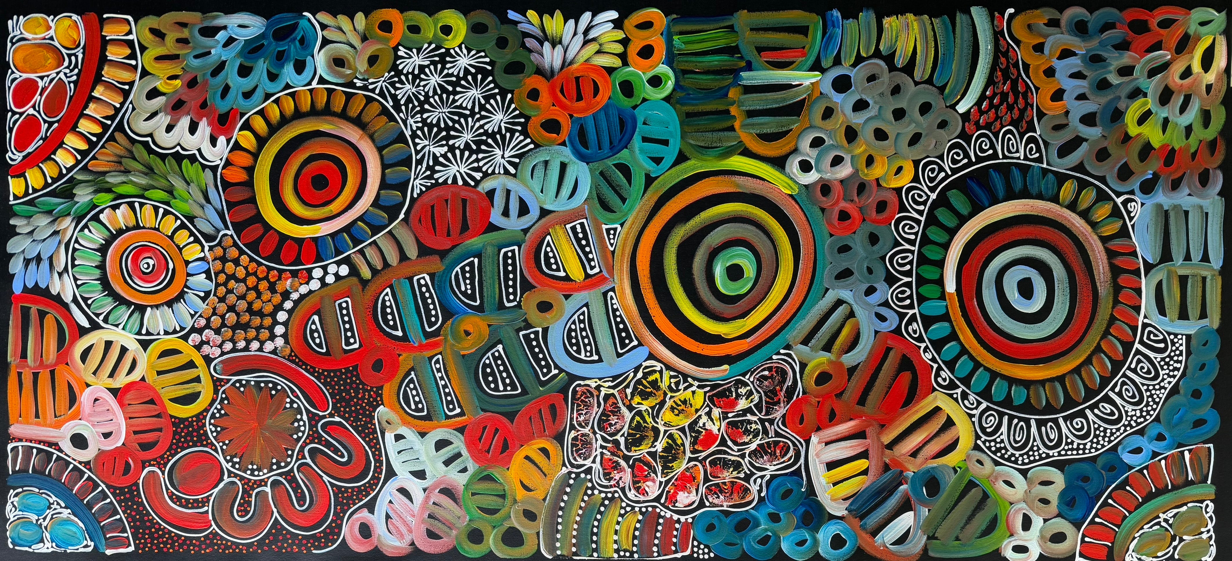 Louise Numina Napananka Aboriginal Artwork depicting Dreamtime in a vibrant, multicoloured painting in a panel format