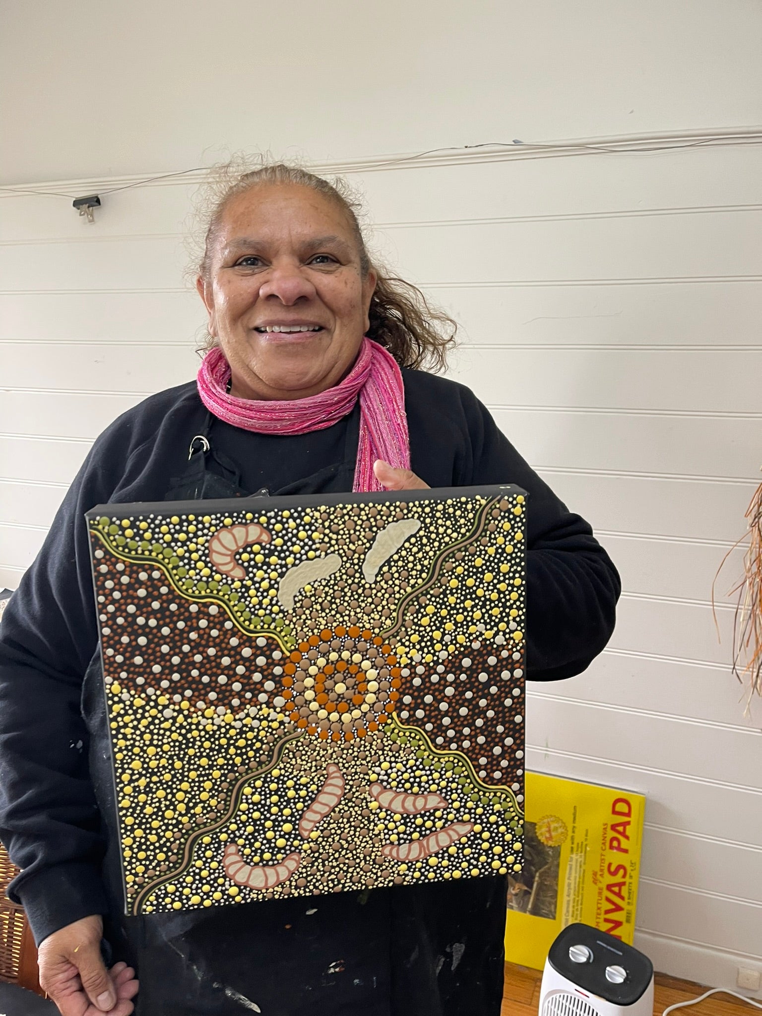 Deidre Burgoyne Rosier - Women Out Gathering Witchetty Grubs from the Acacia Bush - 30x30cm .90-13 *stretched ready to hang*