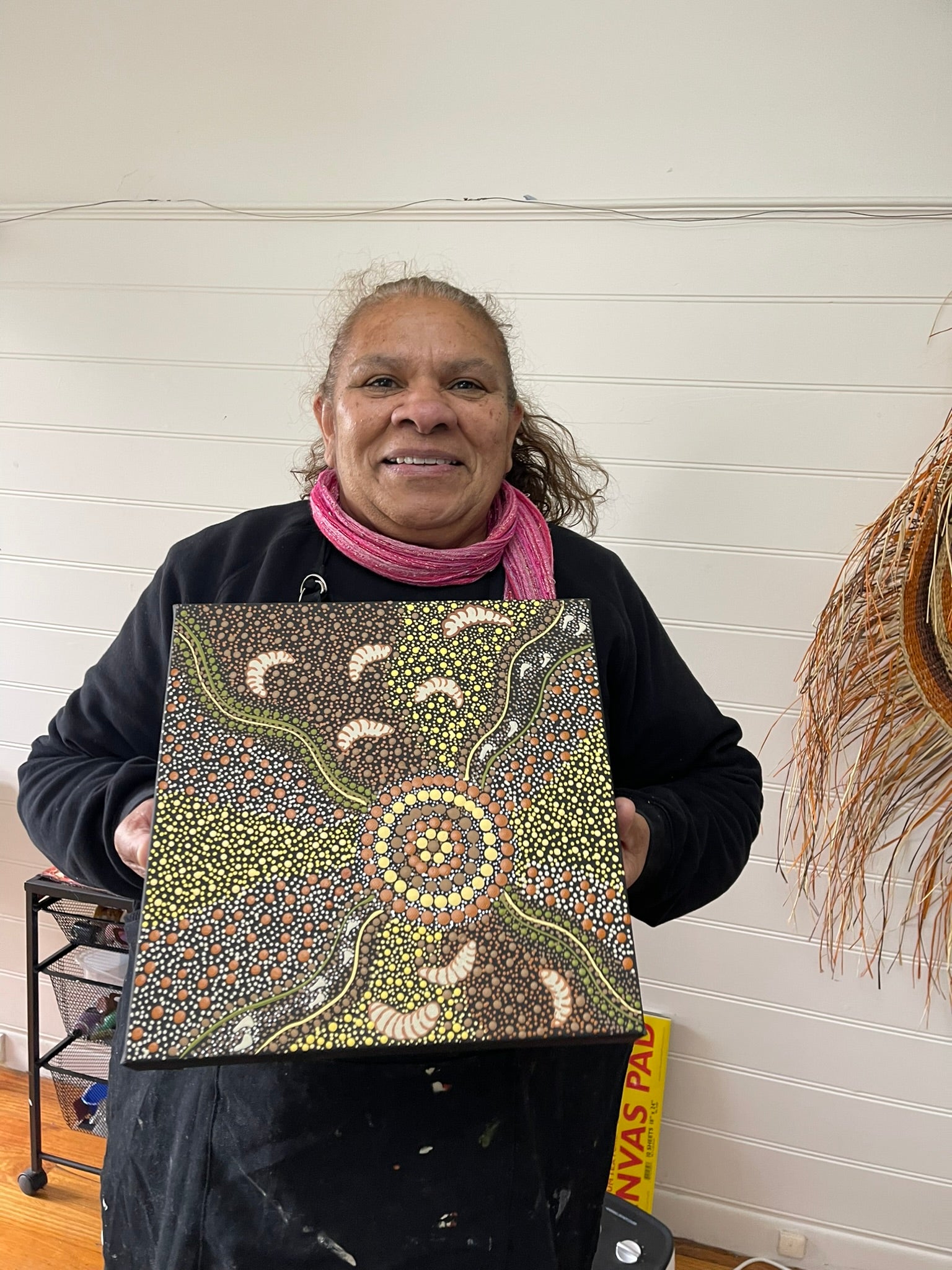 Deidre Burgoyne Rosier - Women Out Gathering Witchetty Grubs from the Acacia Bush - 30x30cm .90-14 *stretched ready to hang*