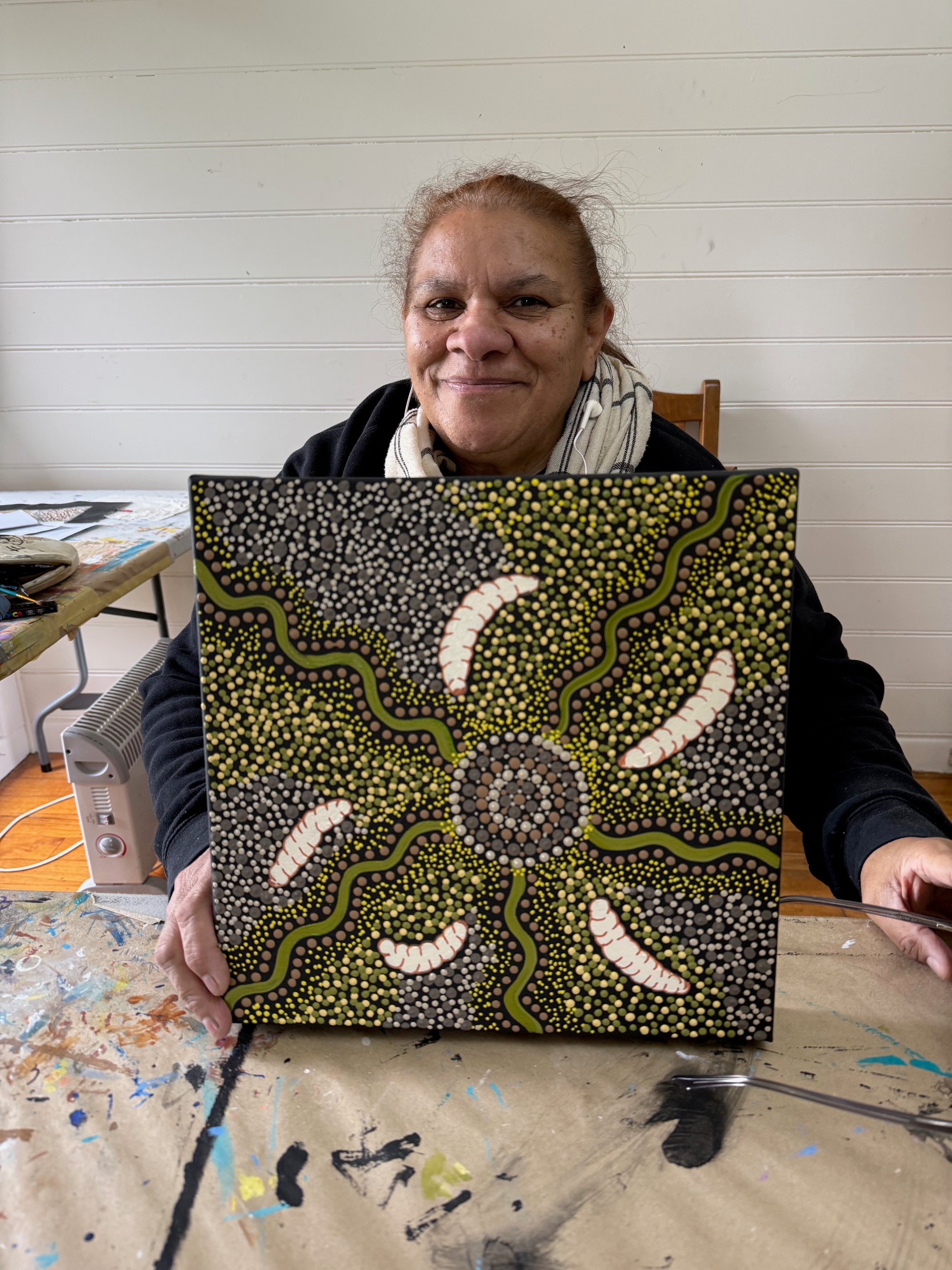 Deidre Burgoyne Rosier - Women and Children Gathering Witchetty Grubs Under the Acacia Tree - 30x30cm Stretched ready to hang .04-10