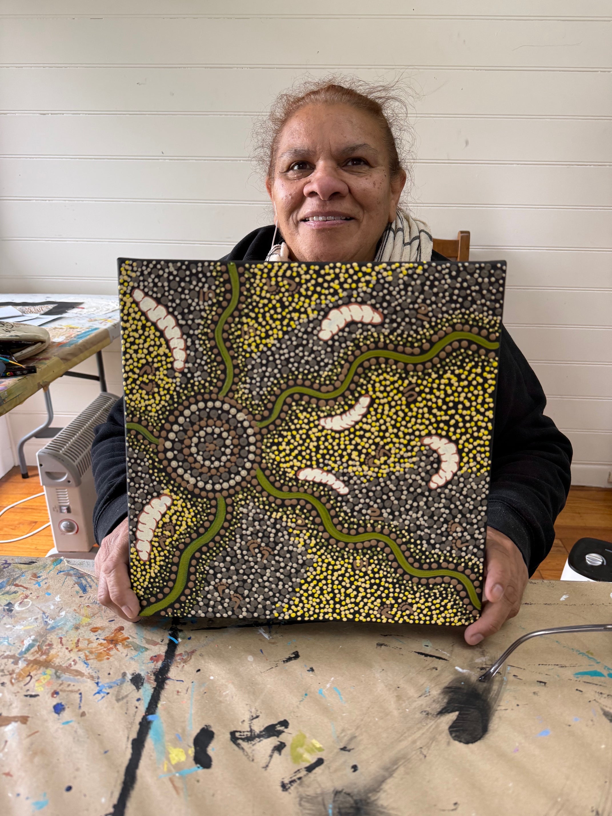 Deidre Burgoyne Rosier - Women Digging for Witchetty Grubs Under the Acacia Trees - 30x30cm Stretched ready to hang .04-11