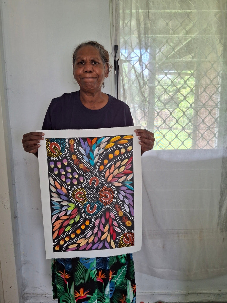 Jacinta Numina Waugh - Women Hunting for Bush Medicine Leaves, Bush Plums, Bush Tomatoes, Honey-Ants - 38x52cm .30-6