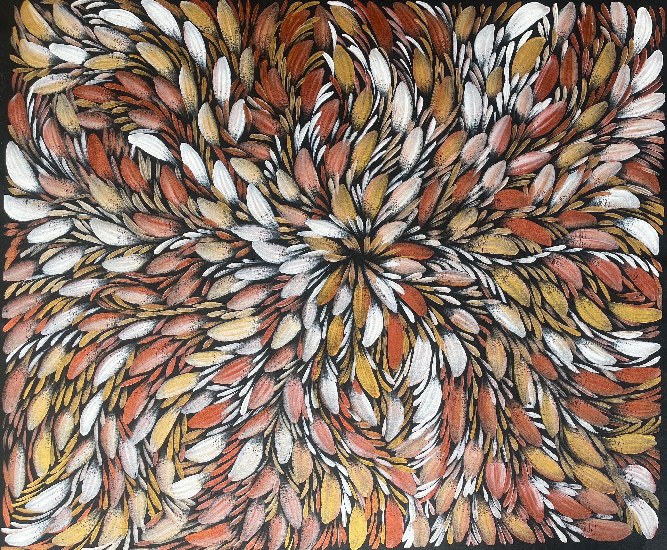 Selina Numina Kamprina Aboriginal Art depicting Bush Medicine Leaves in white, gold, and copper colours