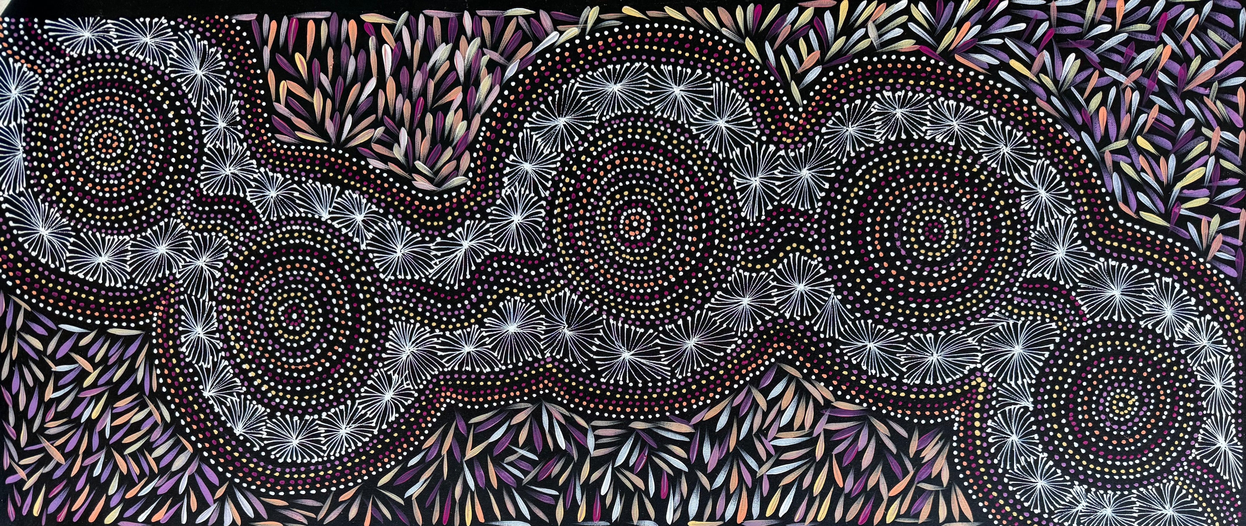 Large purple and white Aboriginal Artwork by Selina Numina Kamprina | Raintree Art Aboriginal Art Ballarat