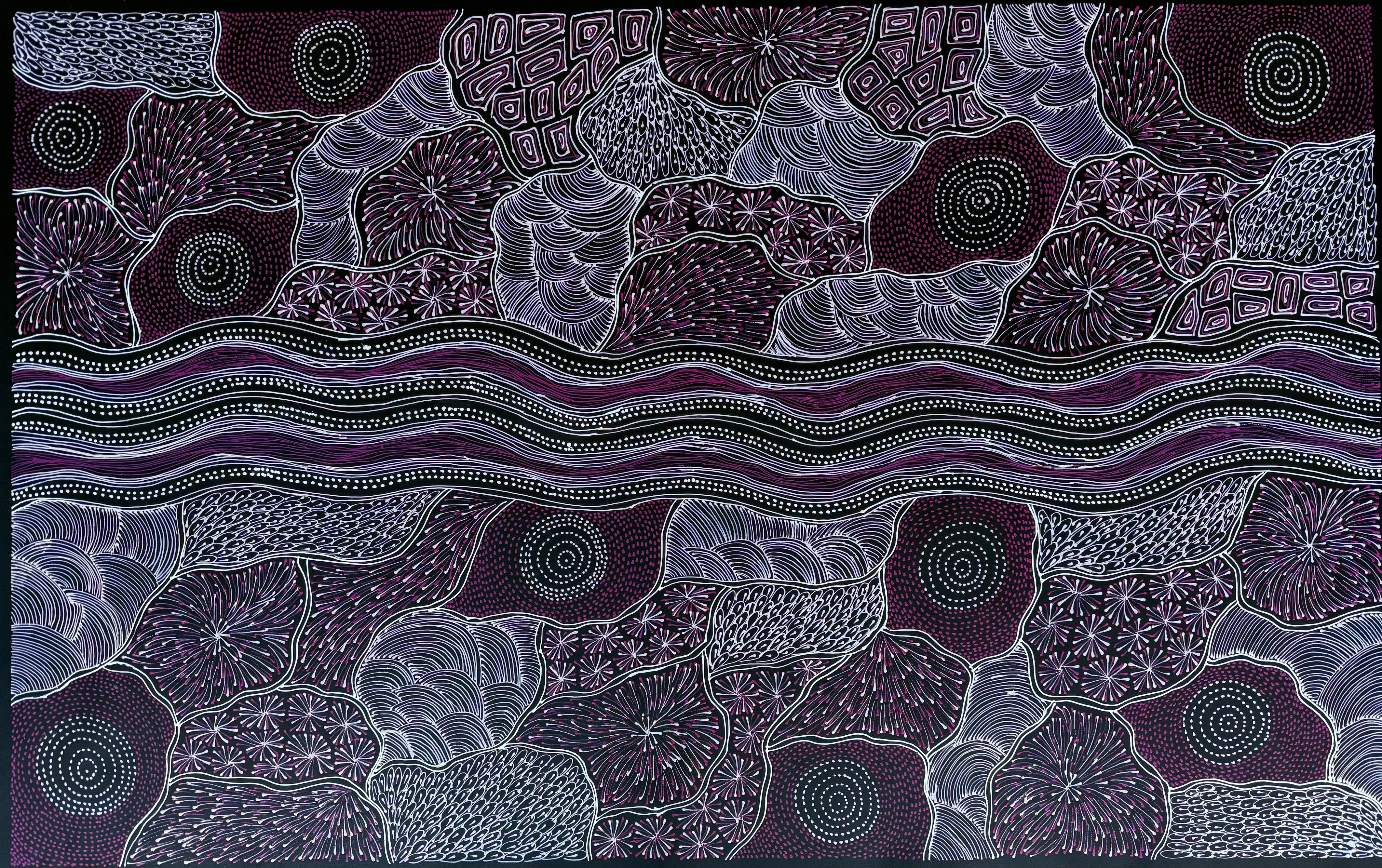 Abstract pattern with wavy lines and circular shapes in shades of purple and gray | Raintree Art Aboriginal Art Ballarat