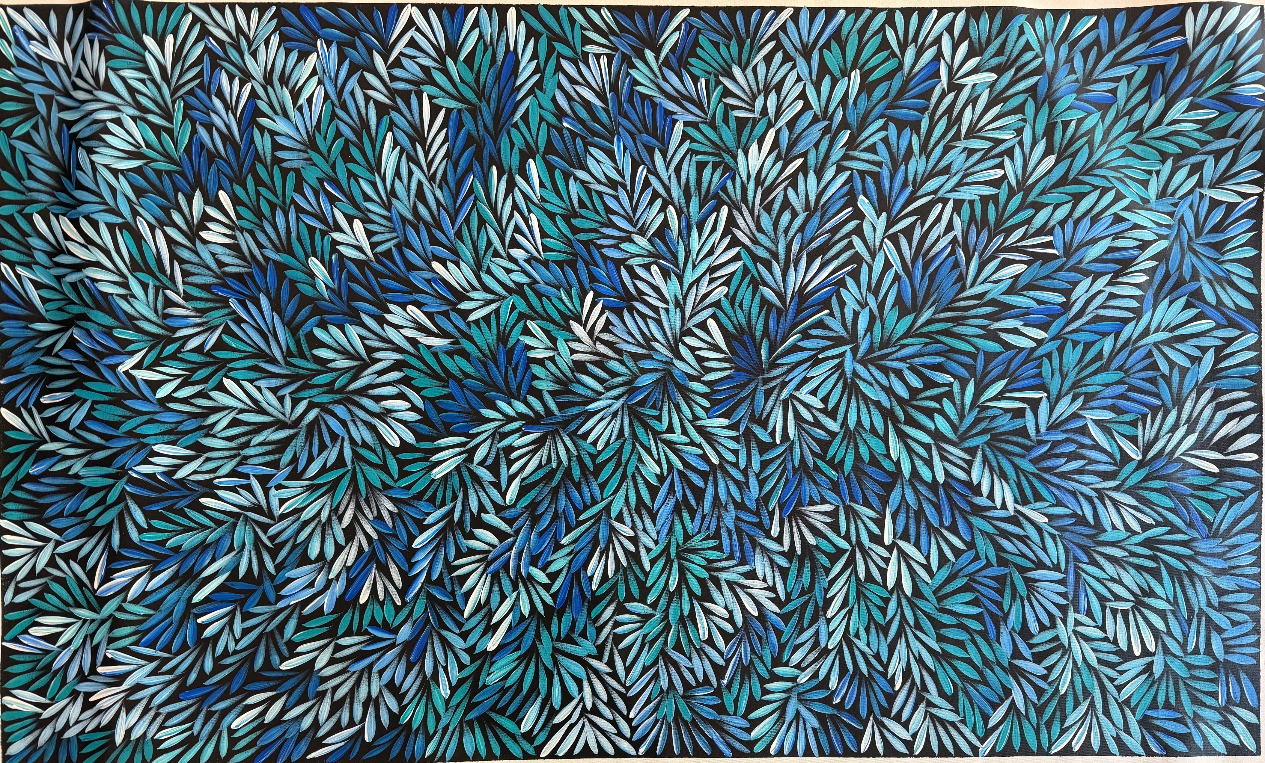 Bush Medicine Leaves painted in shades of blue and white in a contemporary Aboriginal Art style, painted by Sharon Numina