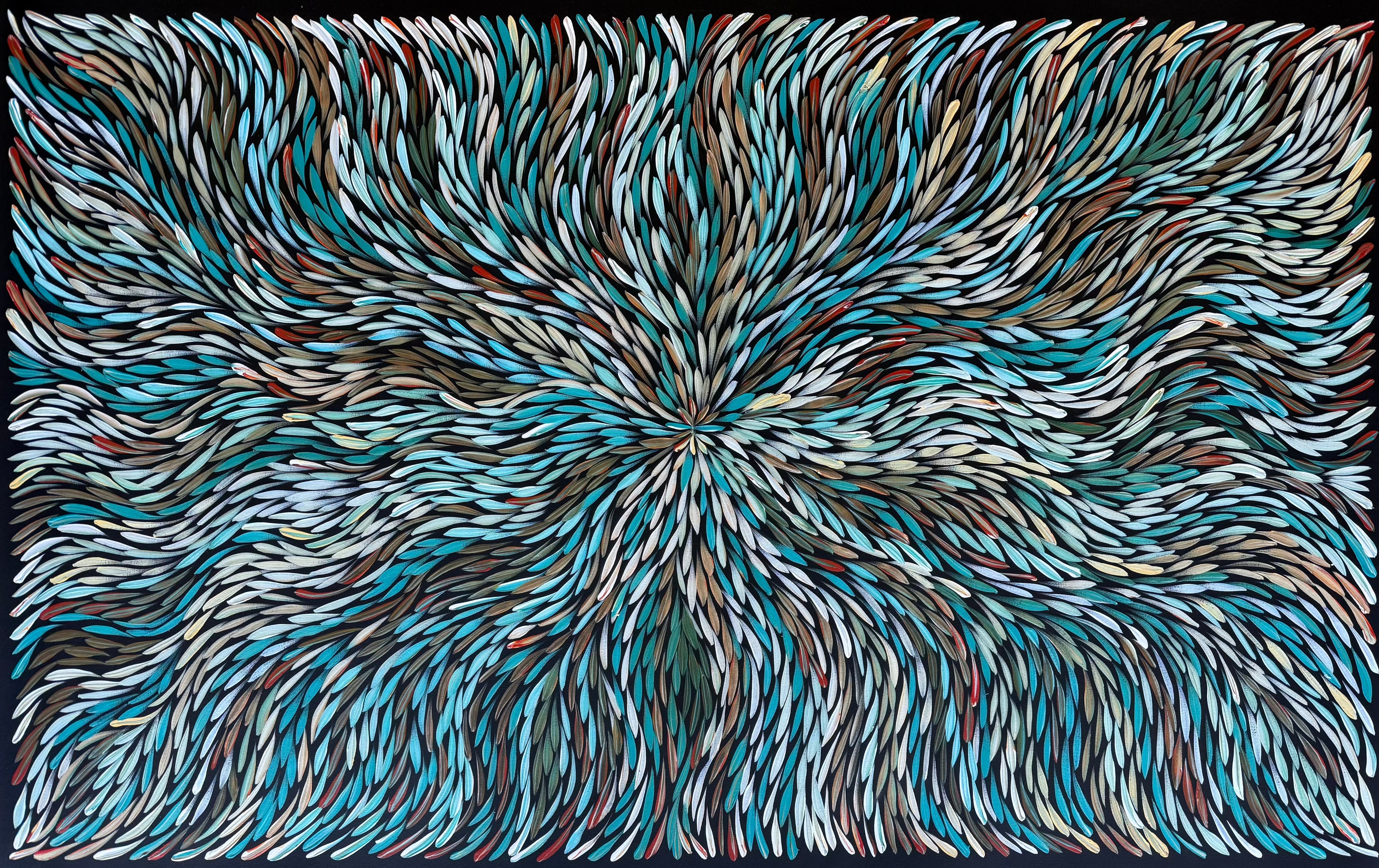 Bush Medicine Leaves in wavey lines from centre of canvas to edges, painted in shades of blue-green, brown, and white | Raintree Art Aboriginal Art Ballarat