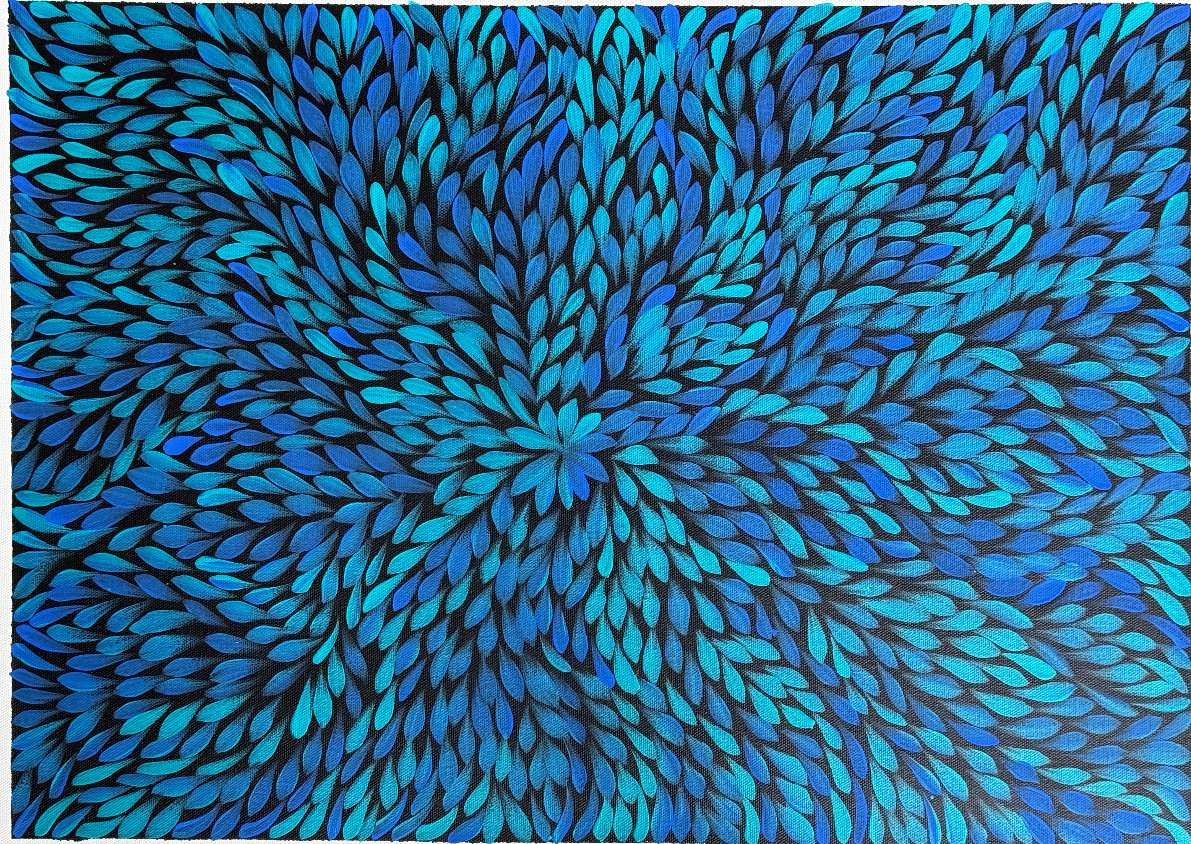 Blue painting with leaves moving out from centre