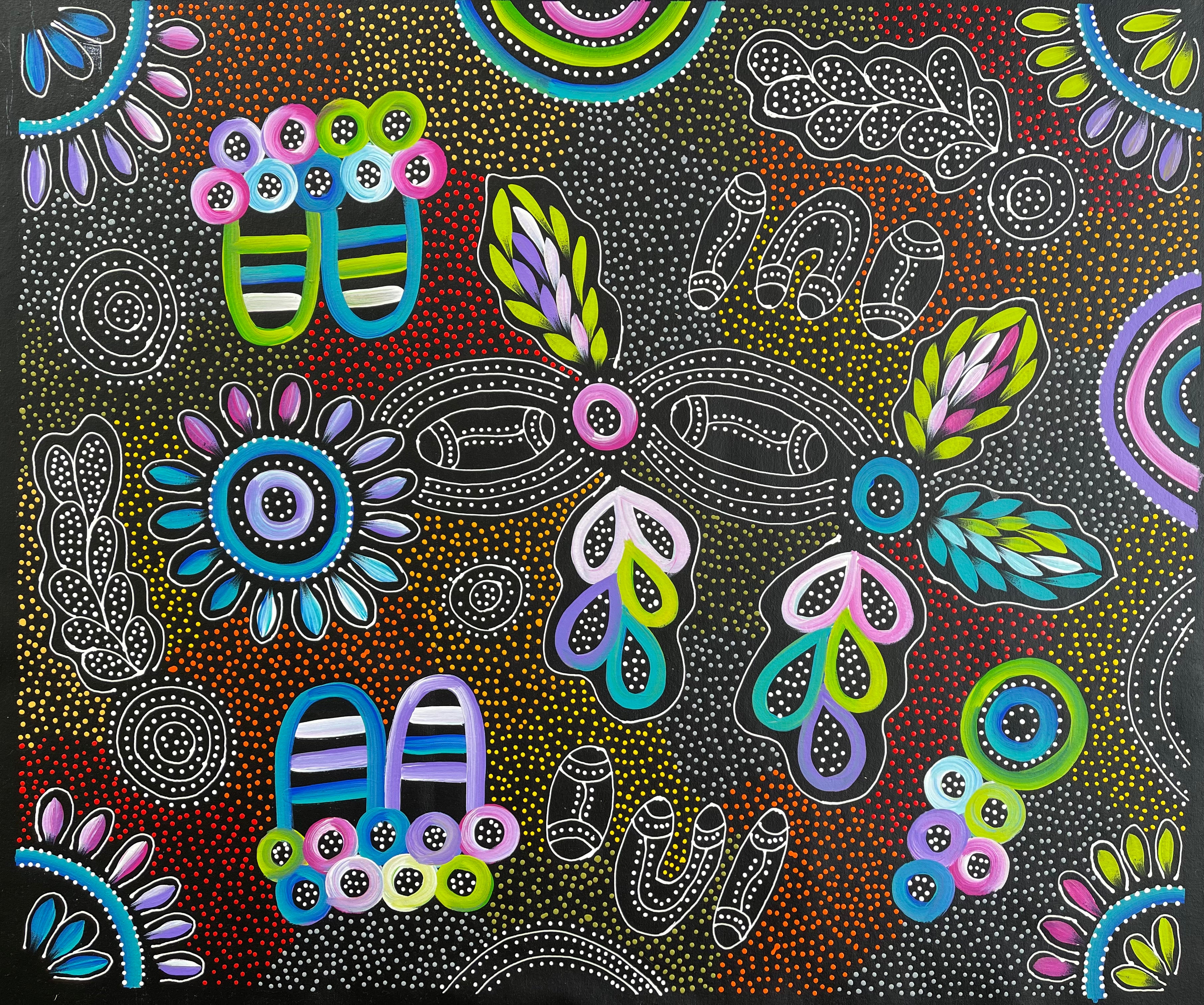 Aboriginal Art by Jacinta Numina Waugh showing My Country Atnangkerre on a large canvas
