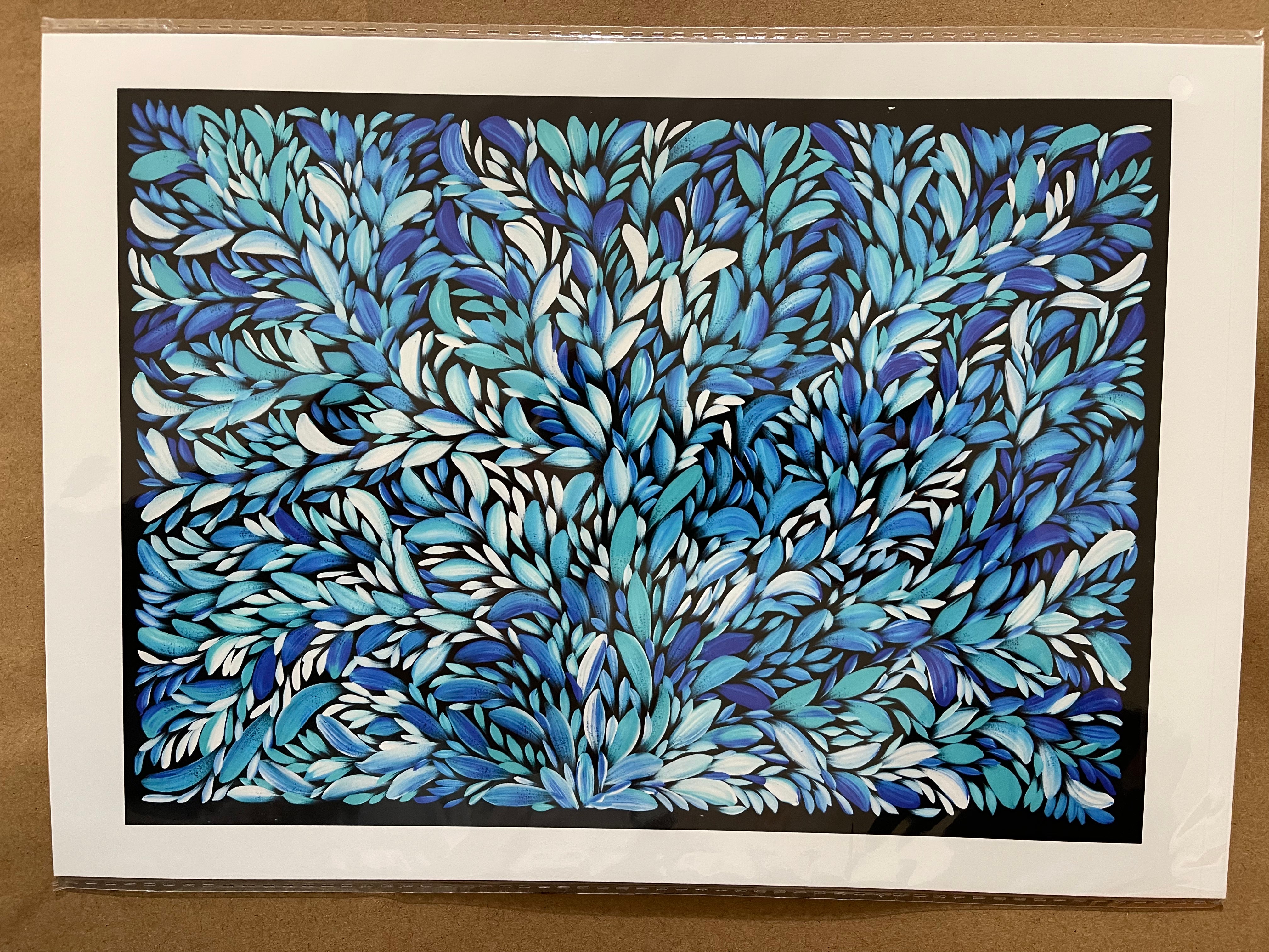 Aboriginal Artist Louise Numina print, Bush Medicine Leaves blue