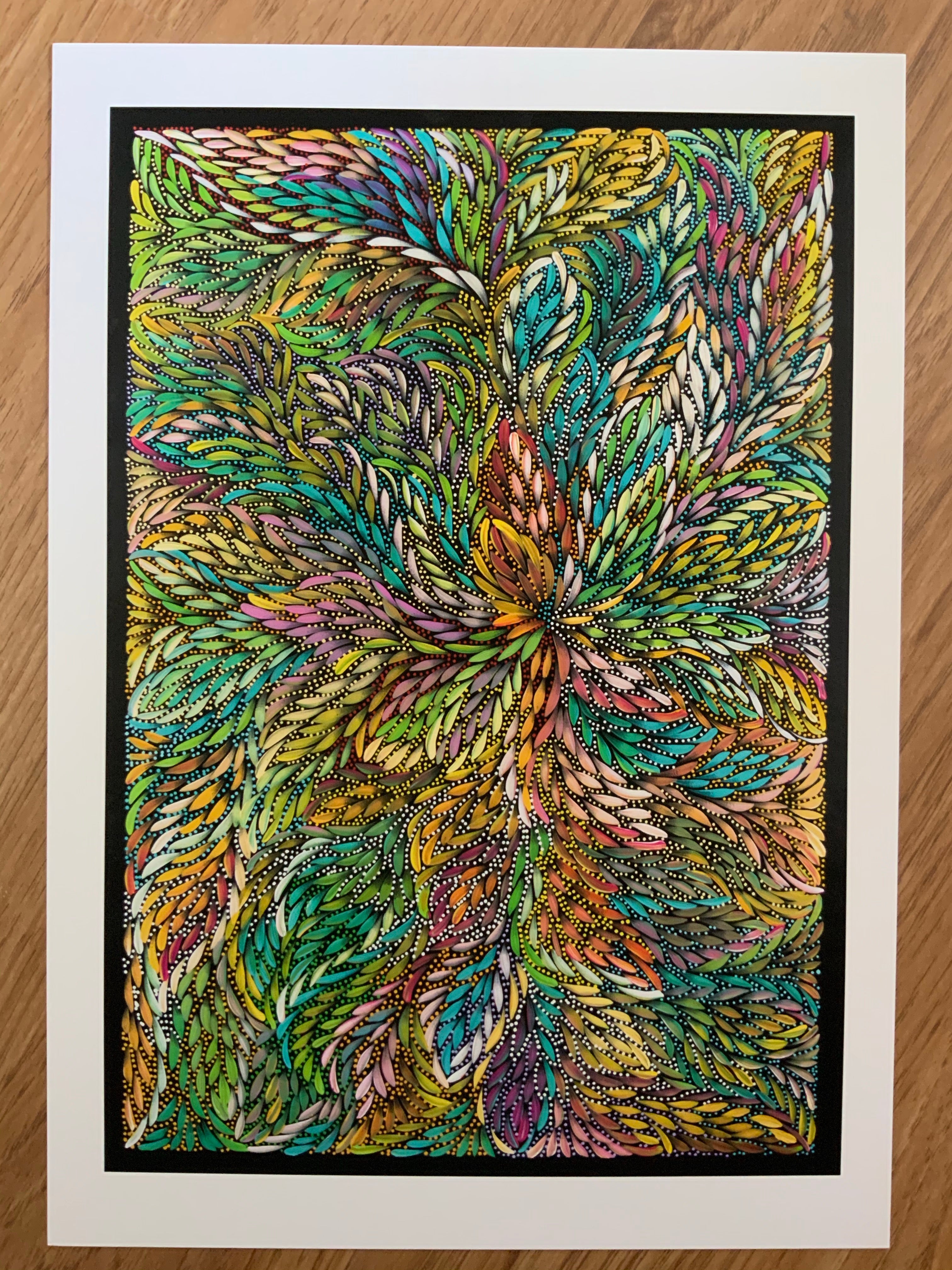 Aboriginal Artist Caroline Numina print, Bush Medicine Leaves multicolour